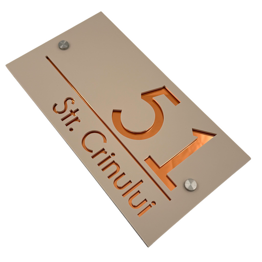 PREMIUM HOUSE NUMBER - Cream colour Satin Copper Mirror 2 Spacers Silver - 28×15 cm