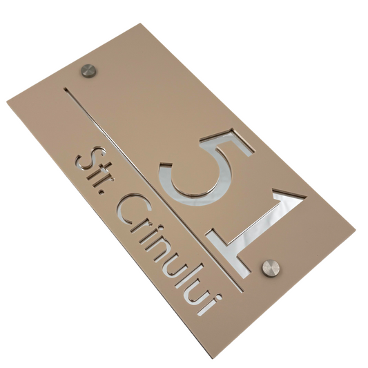 PREMIUM HOUSE NUMBER - Cream colour Satin Silver Mirror 2 Spacers Silver - 28×15 cm