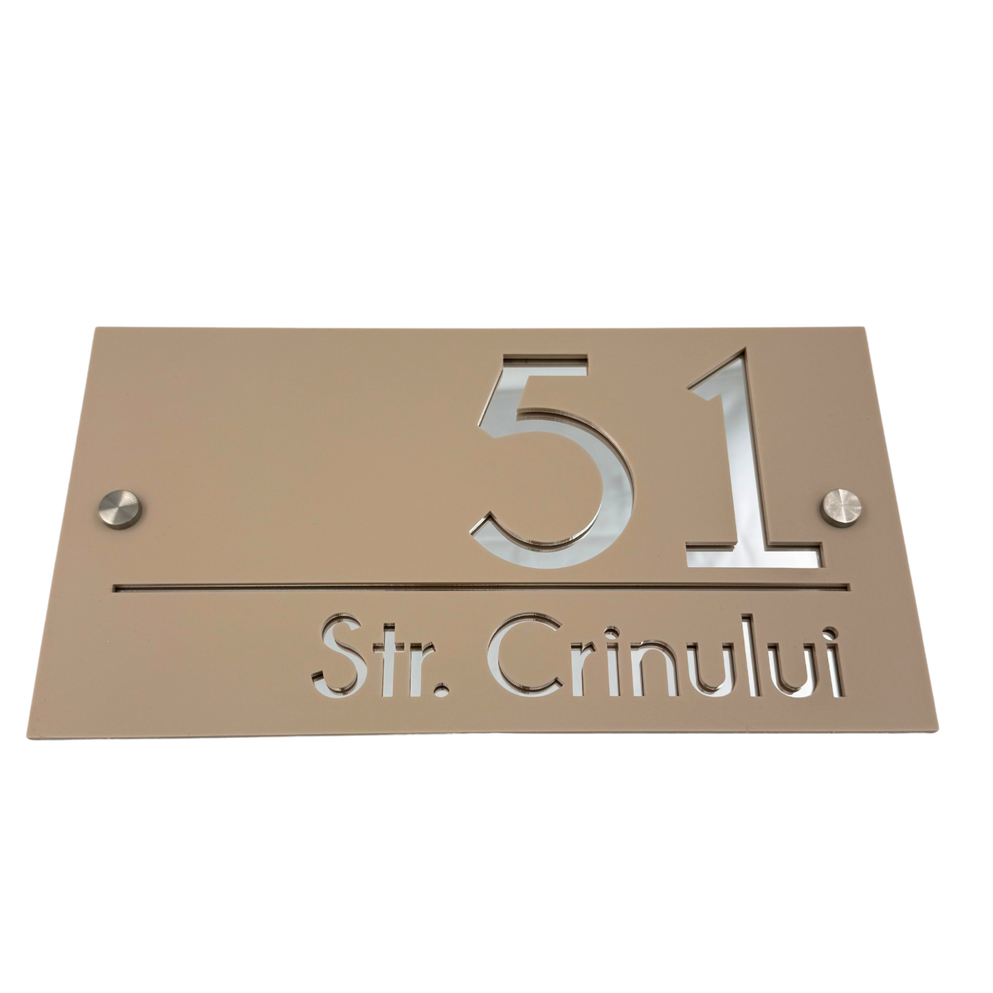 PREMIUM HOUSE NUMBER - Cream colour Satin Silver Mirror 2 Spacers Silver - 28×15 cm