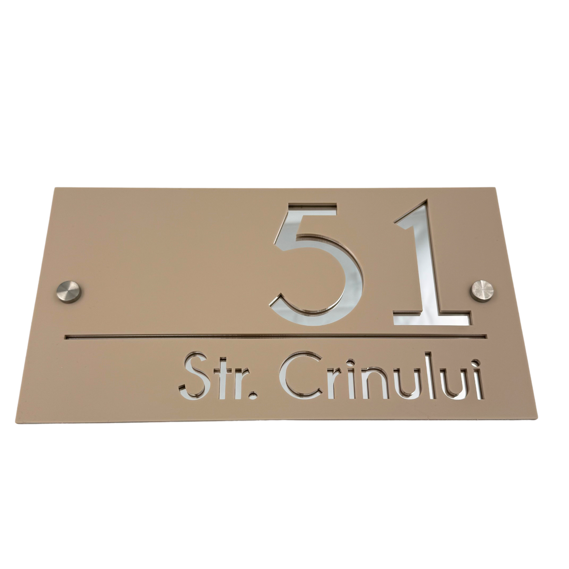 PREMIUM HOUSE NUMBER - Cream colour Satin Silver Mirror 2 Spacers Silver - 28×15 cm