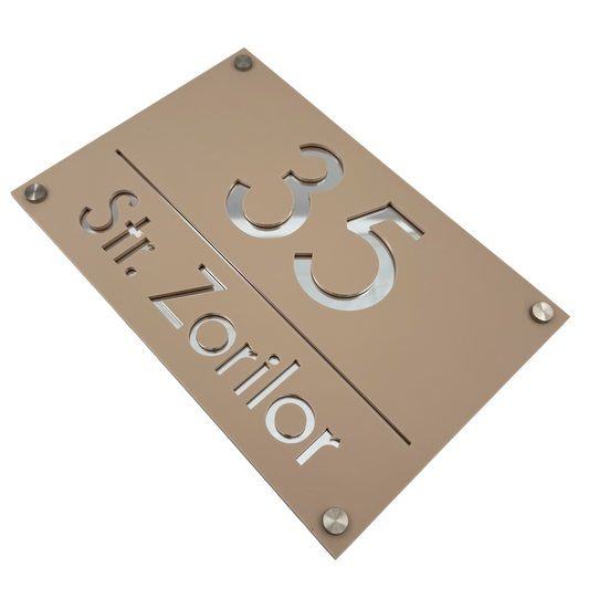 PREMIUM HOUSE NUMBER - Cream colour Satin Silver Mirror 4 Spacers Silver - 30×20 cm