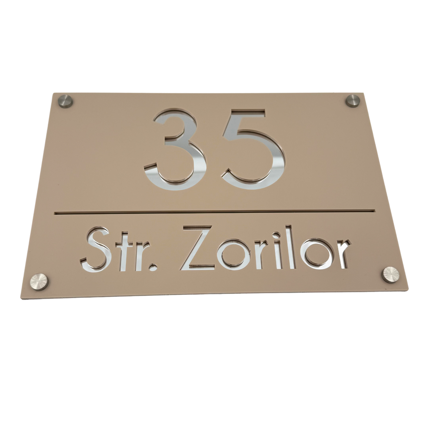 PREMIUM HOUSE NUMBER - Cream colour Satin Silver Mirror 4 Spacers Silver - 30×20 cm