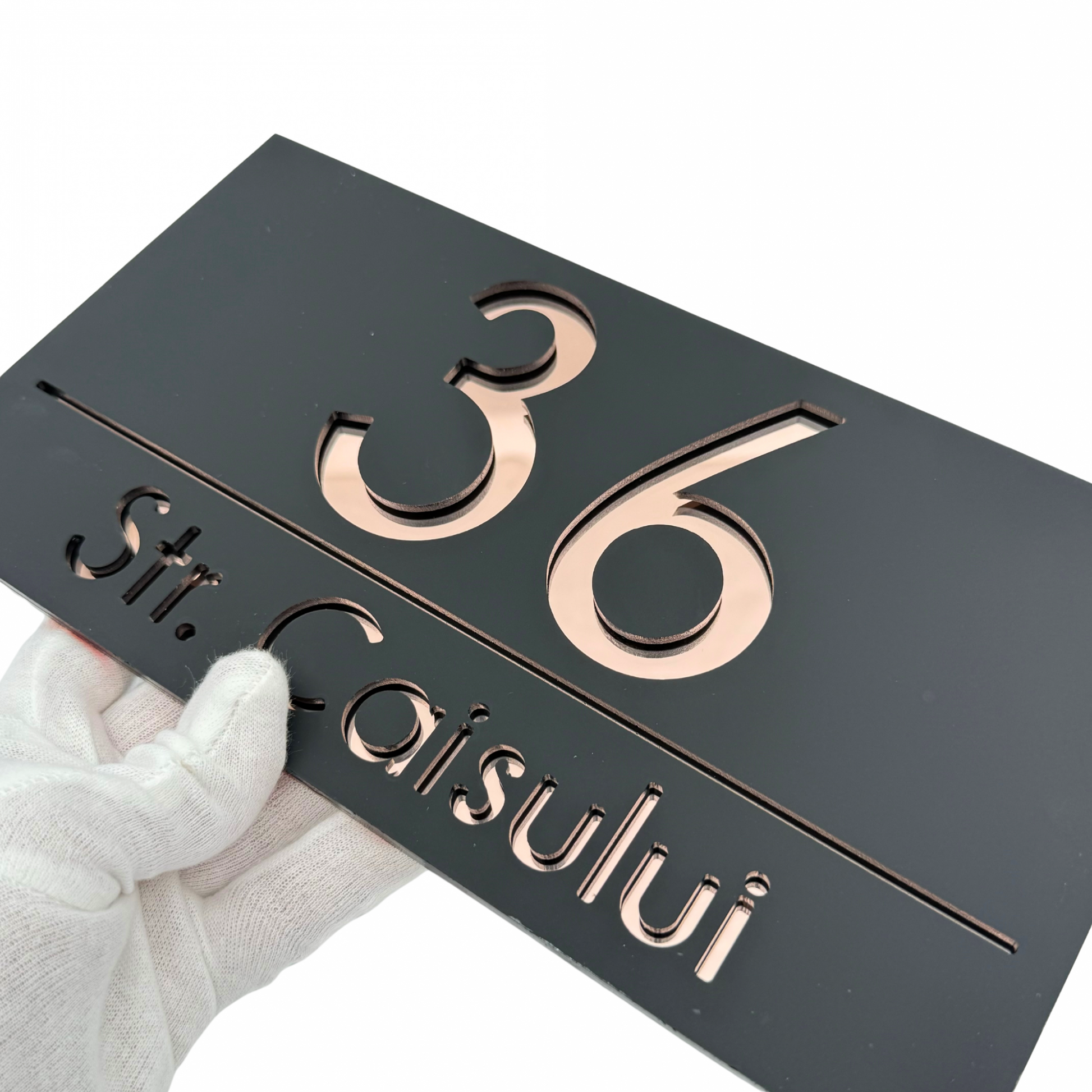 PREMIUM HOUSE NUMBER - Satin Black Rose Gold Mirror - 28×15 cm