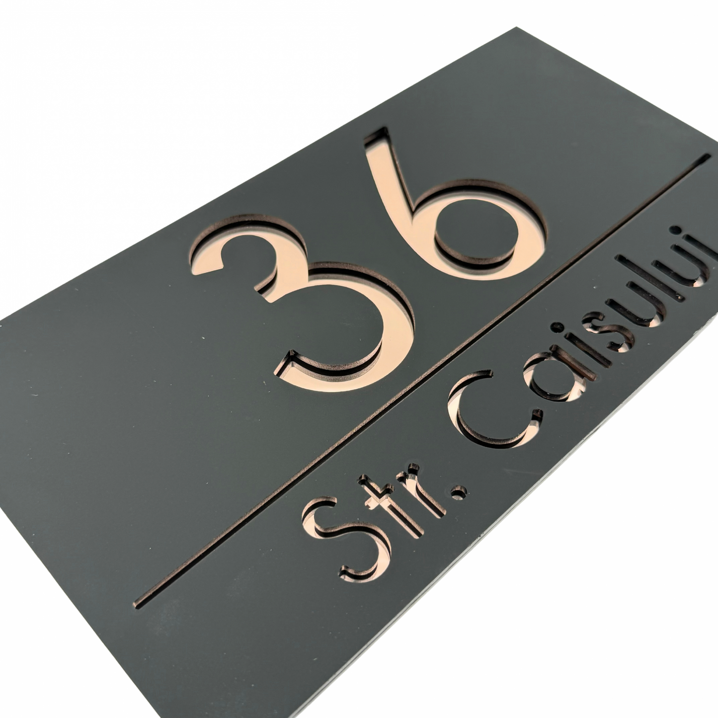PREMIUM HOUSE NUMBER - Satin Black Rose Gold Mirror - 28×15 cm