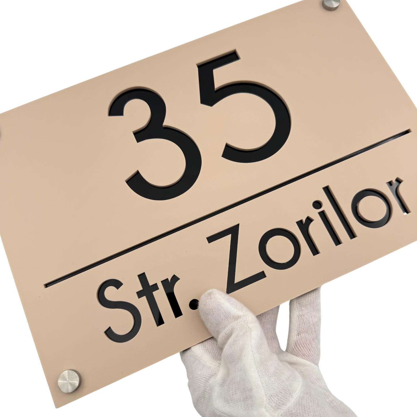 PREMIUM HOUSE NUMBER - Cream colour Satin Glossy Black 4 Spacers Silver - 30×20 cm