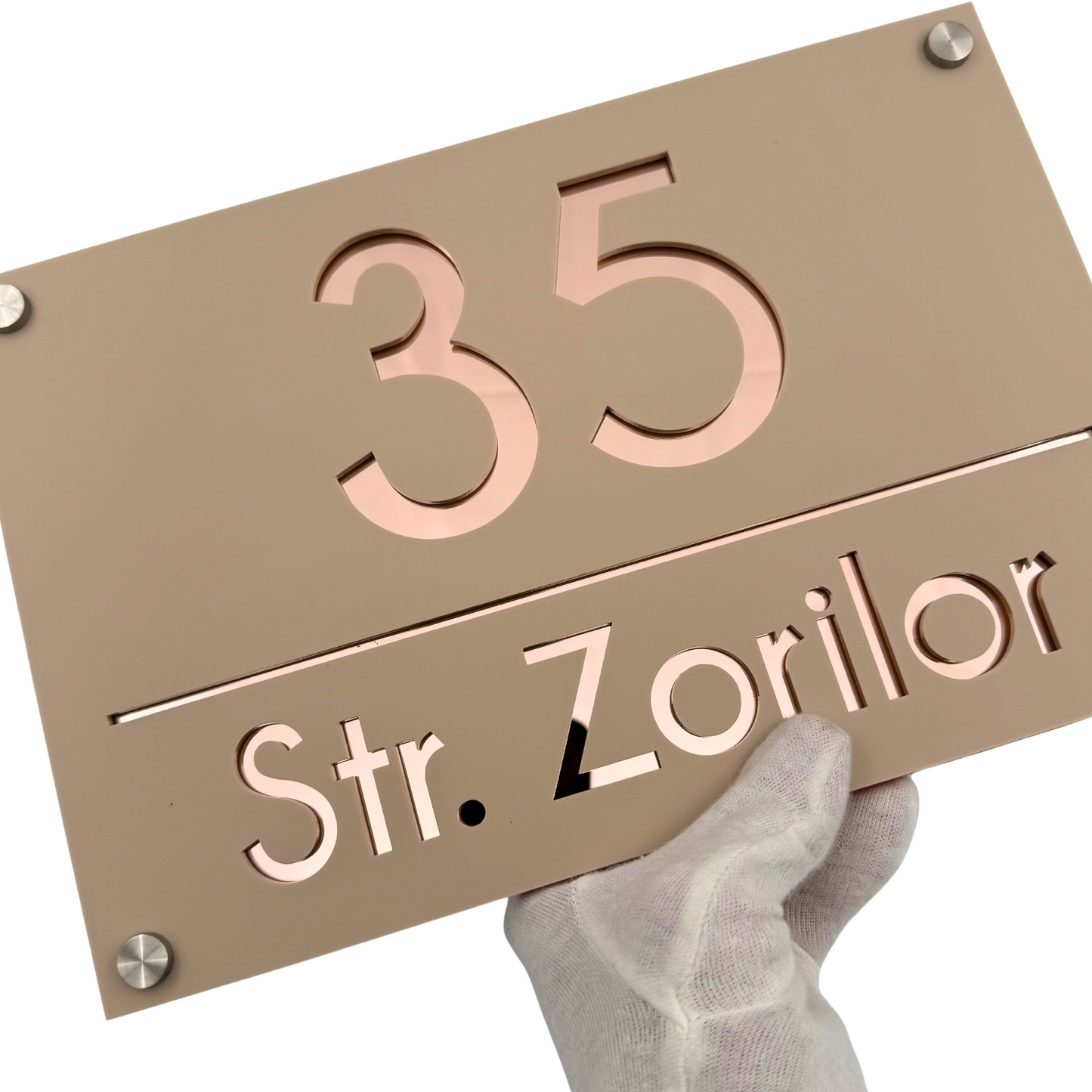 PREMIUM HOUSE NUMBER - Cream colour Satin Rose Gold Mirror 4 Spacers Silver - 30×20 cm