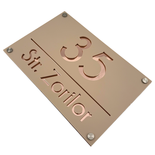 PREMIUM HOUSE NUMBER - Cream colour Satin Rose Gold Mirror 4 Spacers Silver - 30×20 cm