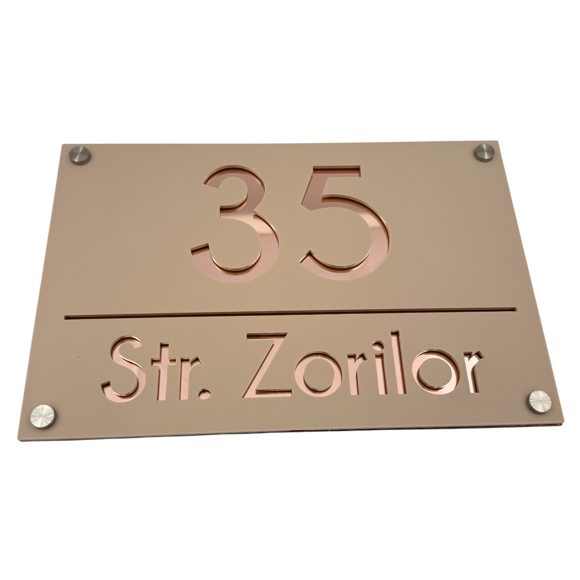 PREMIUM HOUSE NUMBER - Cream colour Satin Rose Gold Mirror 4 Spacers Silver - 30×20 cm