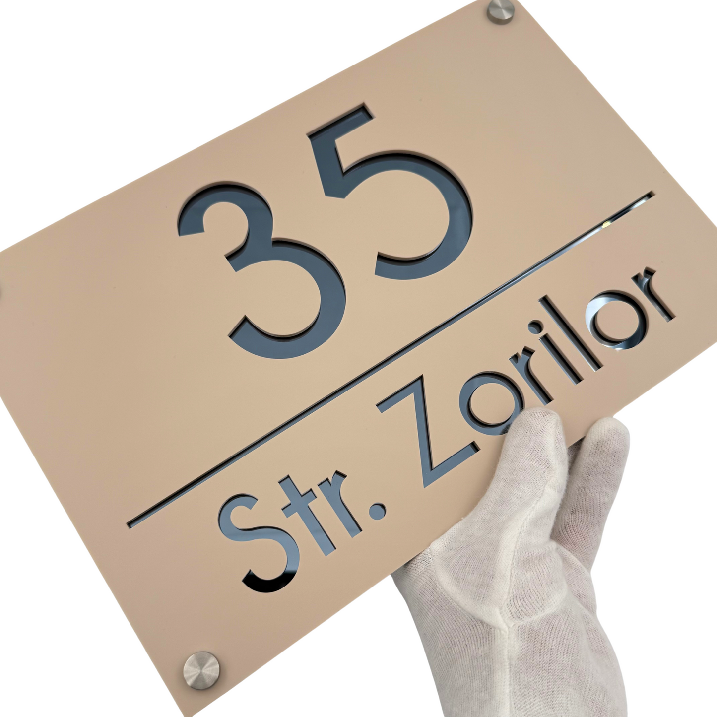 PREMIUM HOUSE NUMBER - Cream colour Satin Anthracite Grey Mirror 4 Spacers Silver - 30×20 cm