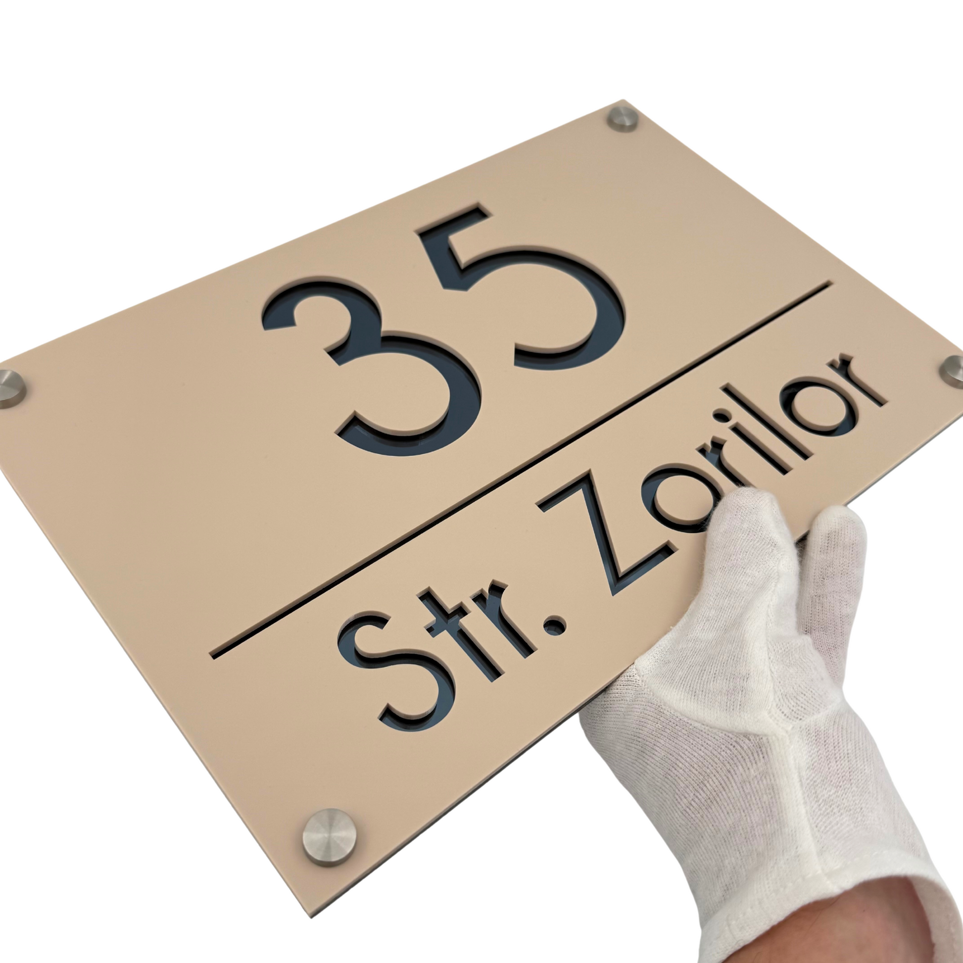 PREMIUM HOUSE NUMBER - Cream colour Satin Anthracite Grey Mirror 4 Spacers Silver - 30×20 cm