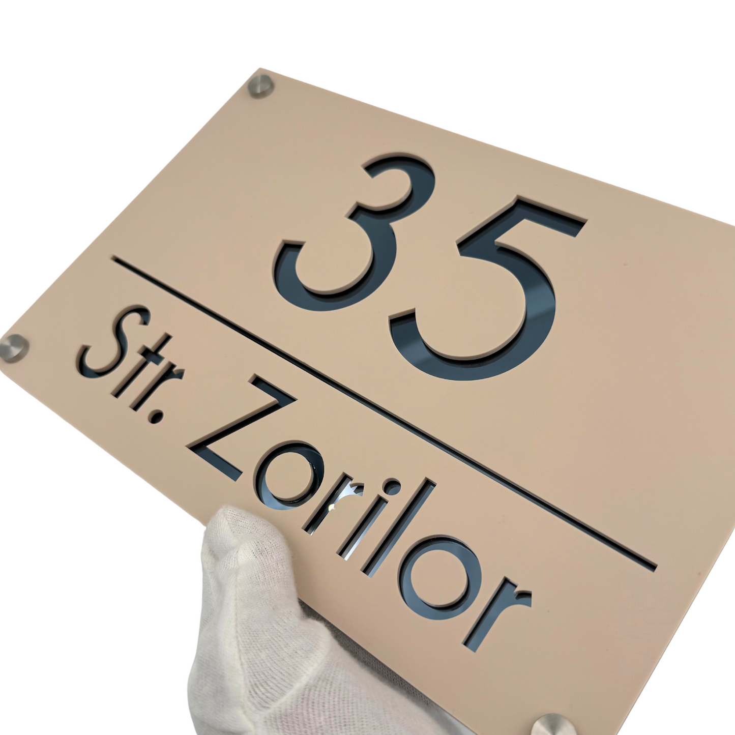 PREMIUM HOUSE NUMBER - Cream colour Satin Anthracite Grey Mirror 4 Spacers Silver - 30×20 cm