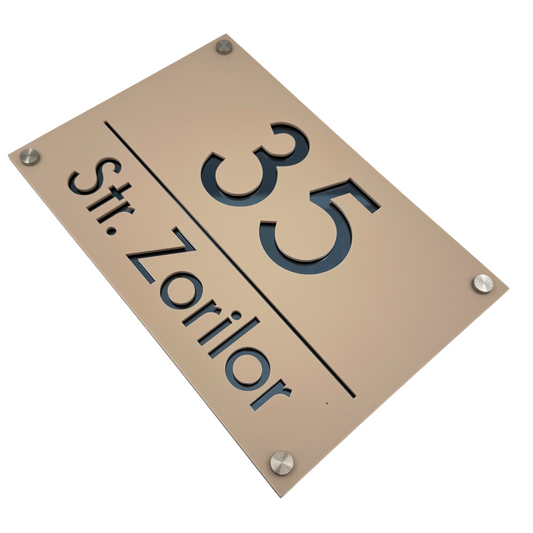 PREMIUM HOUSE NUMBER - Cream colour Satin Anthracite Grey Mirror 4 Spacers Silver - 30×20 cm