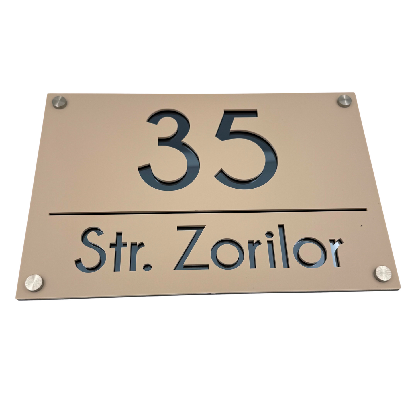 PREMIUM HOUSE NUMBER - Cream colour Satin Anthracite Grey Mirror 4 Spacers Silver - 30×20 cm