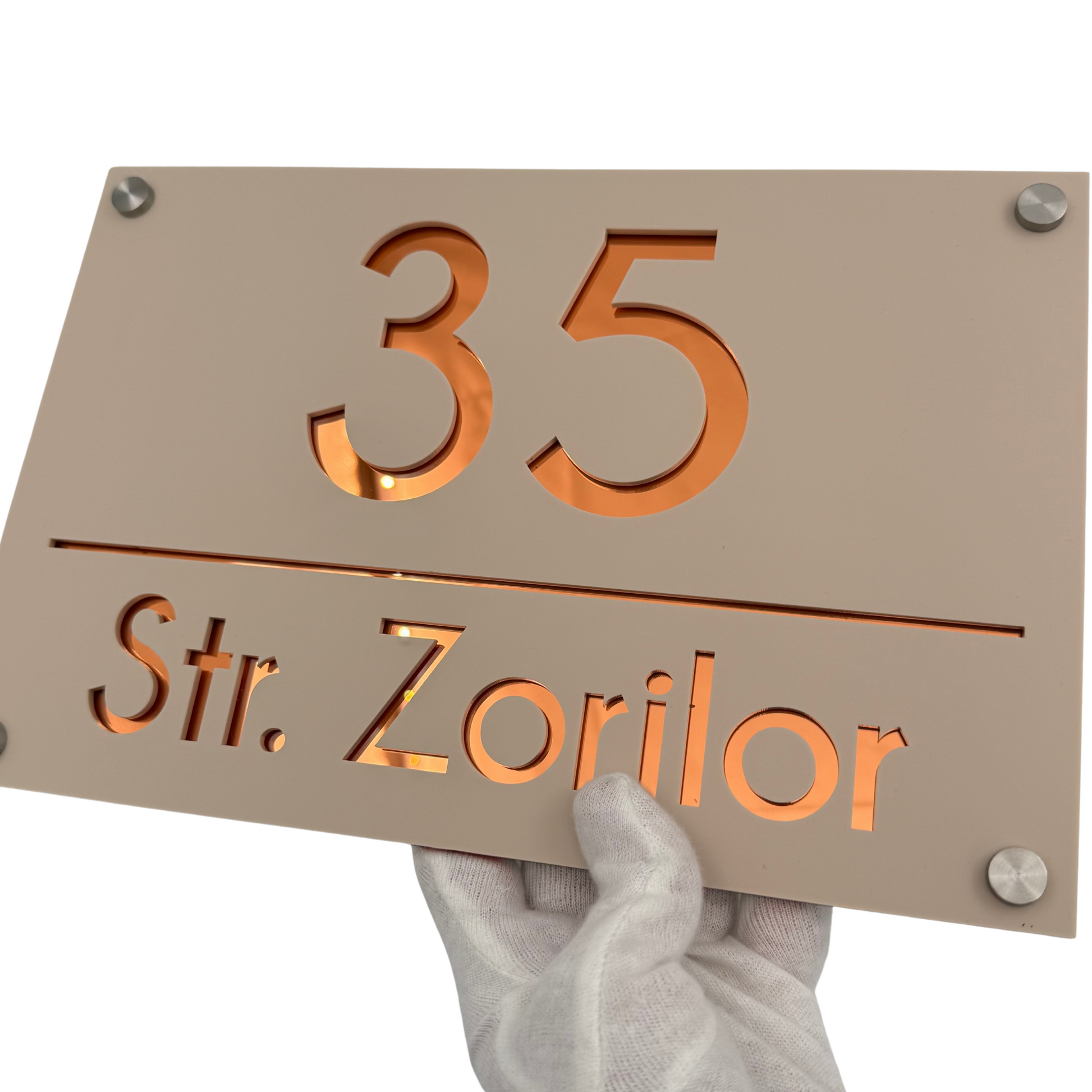 PREMIUM HOUSE NUMBER - Cream colour Satin Copper Mirror 4 Spacers Silver - 30×20 cm