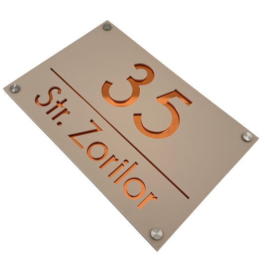 PREMIUM HOUSE NUMBER - Cream colour Satin Copper Mirror 4 Spacers Silver - 30×20 cm