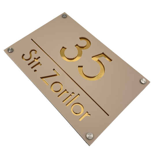 PREMIUM HOUSE NUMBER - Cream colour Satin Gold Mirror 4 Spacers Silver - 30×20 cm