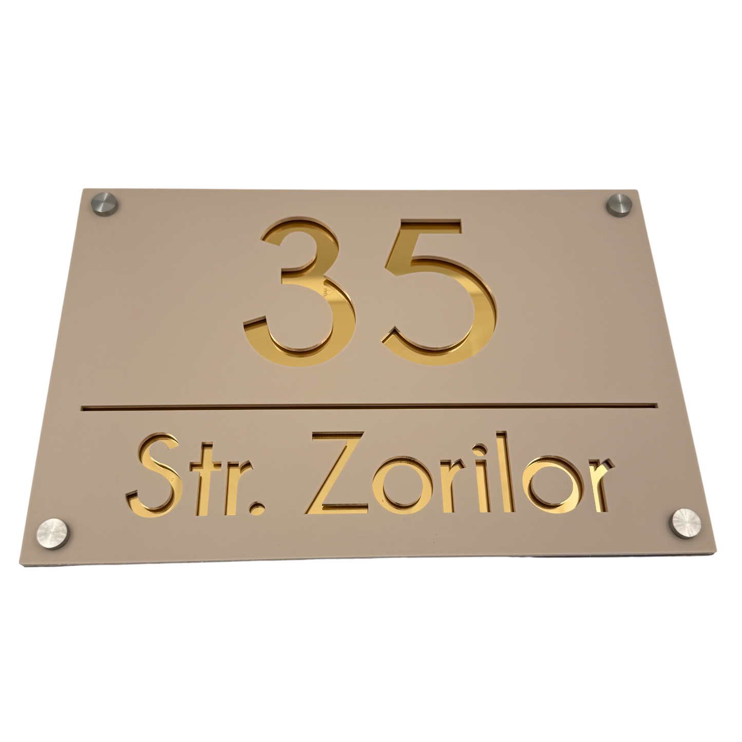 PREMIUM HOUSE NUMBER - Cream colour Satin Gold Mirror 4 Spacers Silver - 30×20 cm
