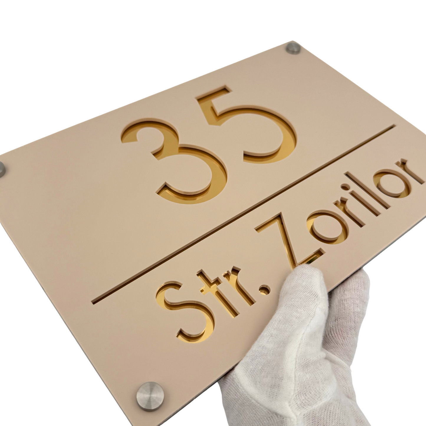 PREMIUM HOUSE NUMBER - Cream colour Satin Gold Mirror 4 Spacers Silver - 30×20 cm