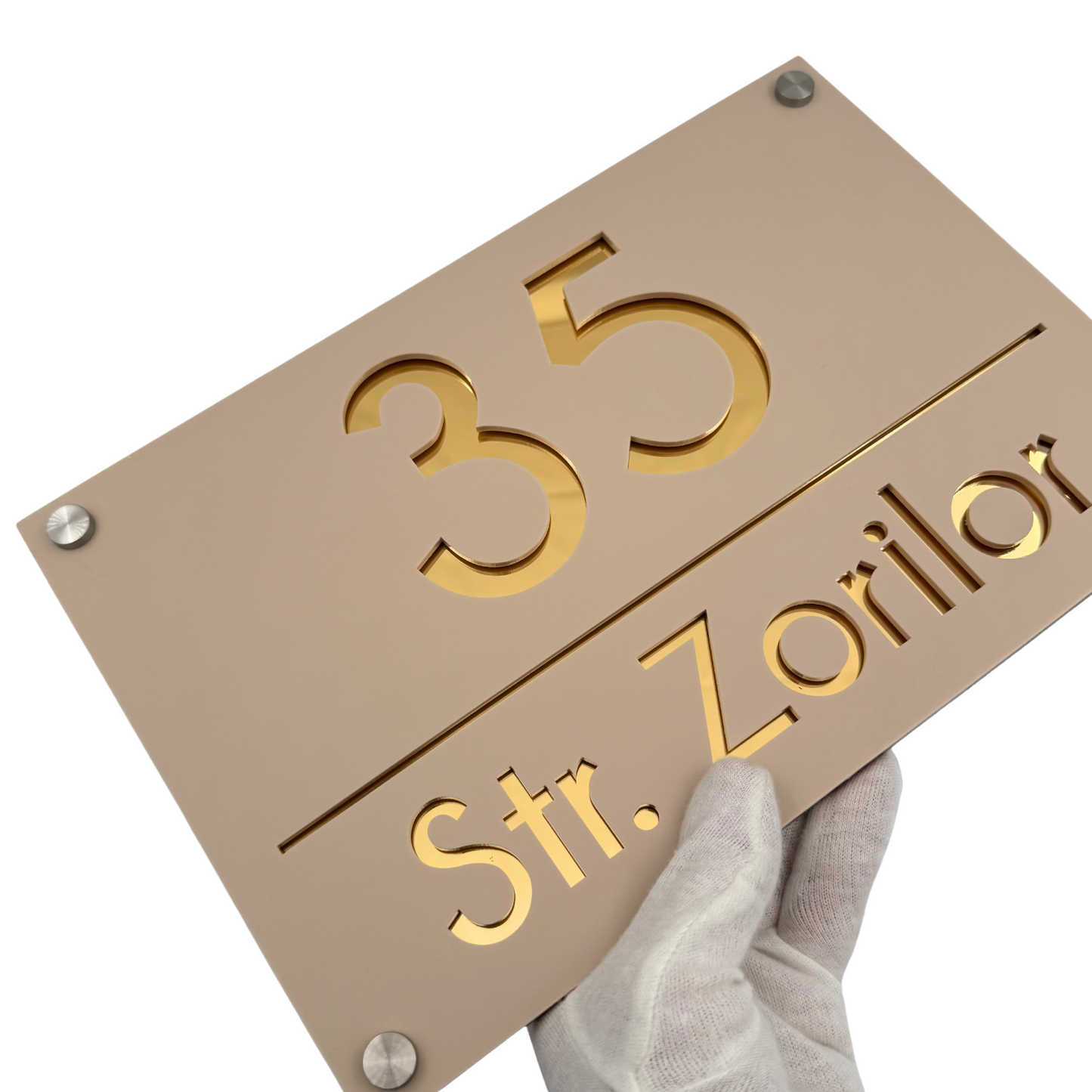 PREMIUM HOUSE NUMBER - Cream colour Satin Gold Mirror 4 Spacers Silver - 30×20 cm