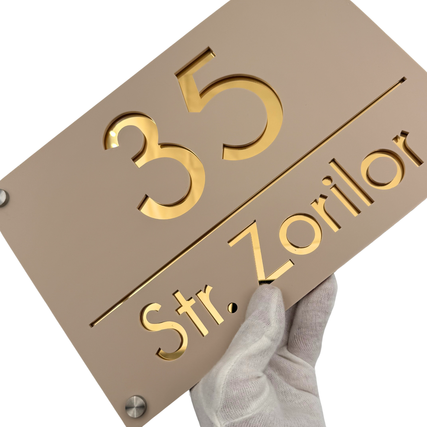 PREMIUM HOUSE NUMBER - Cream colour Satin Gold Mirror 4 Spacers Silver - 30×20 cm