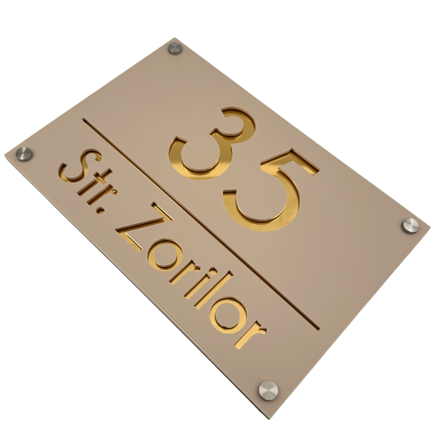 PREMIUM HOUSE NUMBER - Cream colour Satin Gold Mirror 4 Spacers Silver - 30×20 cm