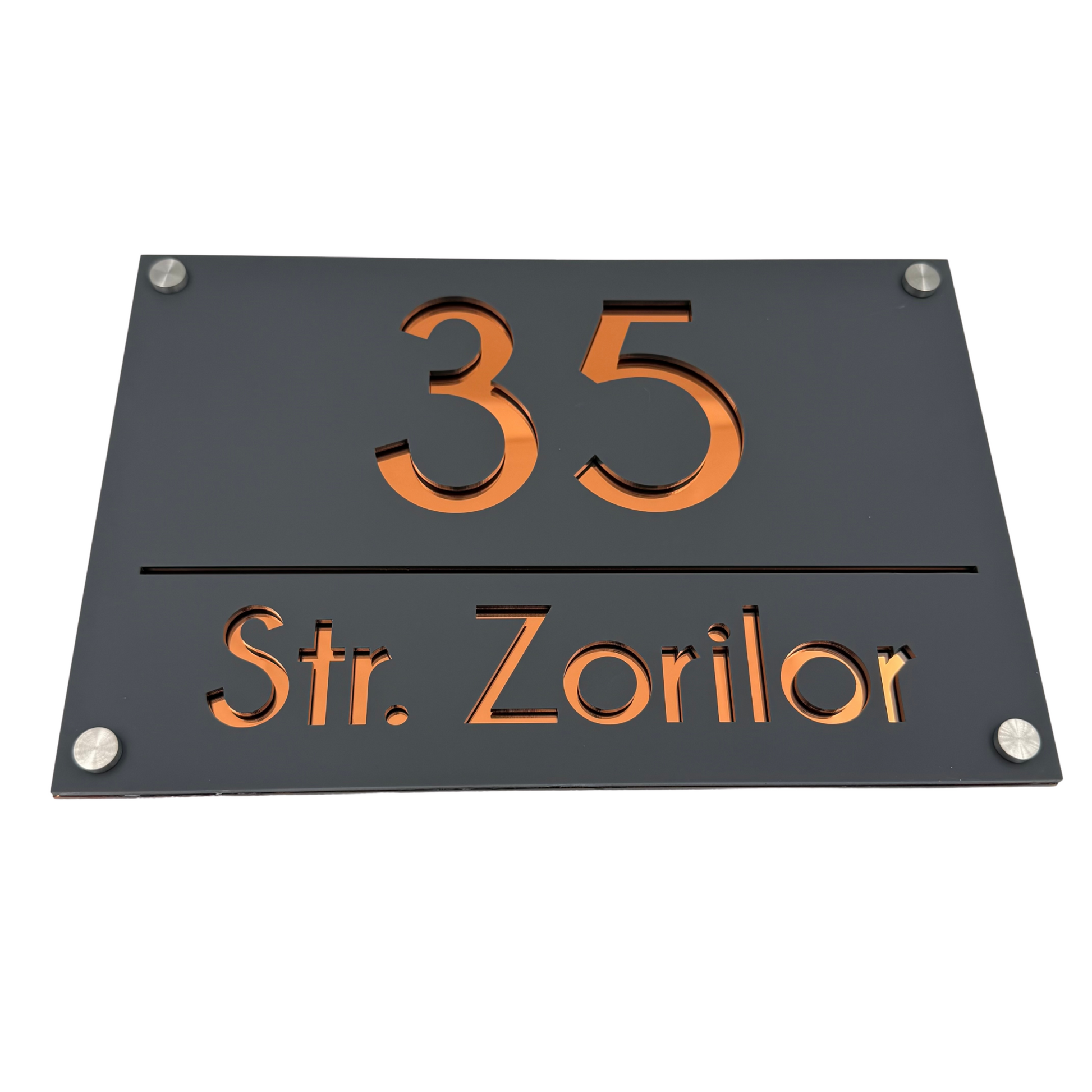 PREMIUM HOUSE NUMBER - Satin Grey Copper Mirror 4 Spacers Silver - 30×20 cm