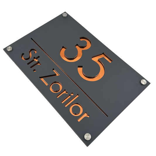 PREMIUM HOUSE NUMBER - Satin Grey Copper Mirror 4 Spacers Silver - 30×20 cm