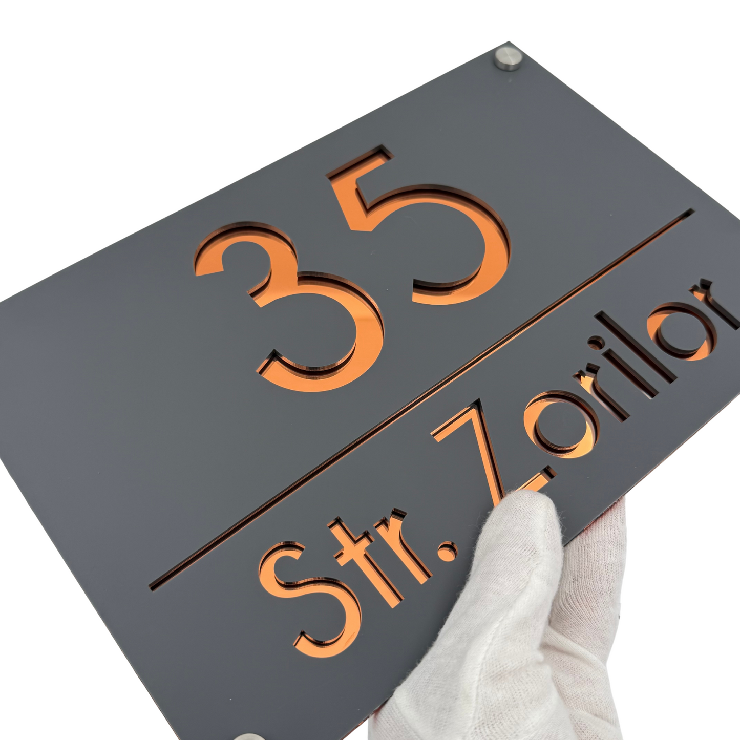 PREMIUM HOUSE NUMBER - Satin Grey Copper Mirror 4 Spacers Silver - 30×20 cm