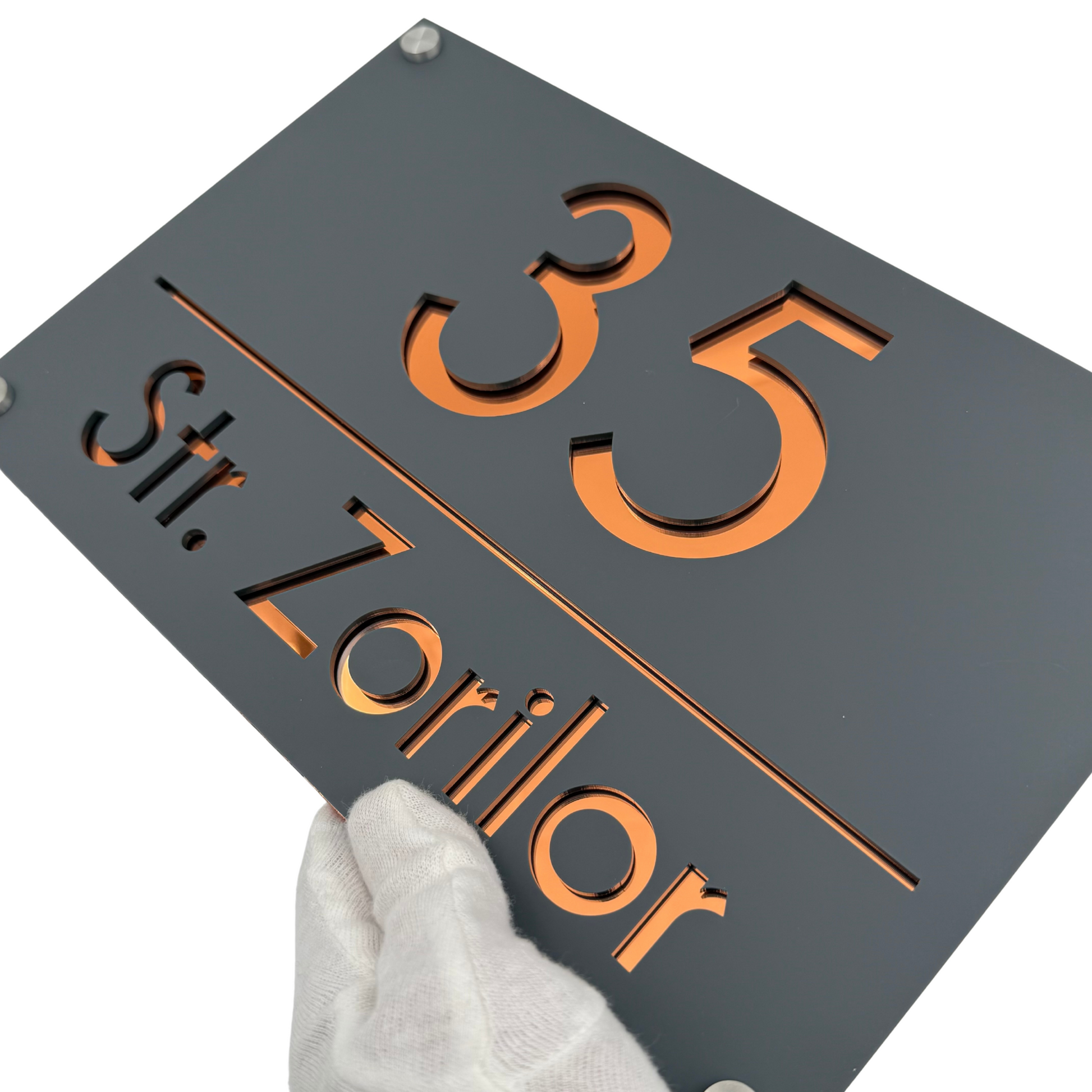 PREMIUM HOUSE NUMBER - Satin Grey Copper Mirror 4 Spacers Silver - 30×20 cm