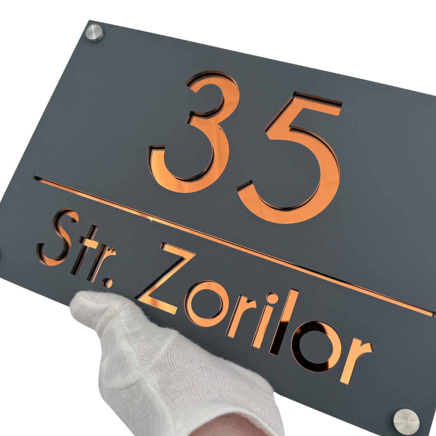 PREMIUM HOUSE NUMBER - Satin Grey Copper Mirror 4 Spacers Silver - 30×20 cm