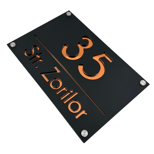 PREMIUM HOUSE NUMBER - Satin Black Copper Mirror 4 Spacers Silver - 30×20 cm