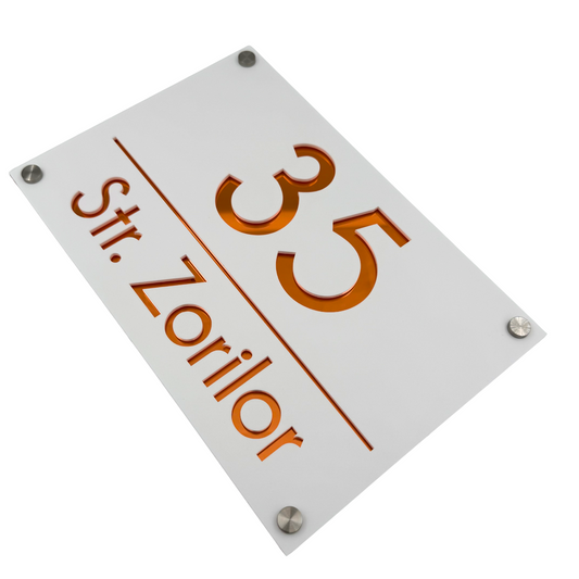 PREMIUM HOUSE NUMBER - White Satin Copper Mirror 4 Spacers Silver - 30×20 cm