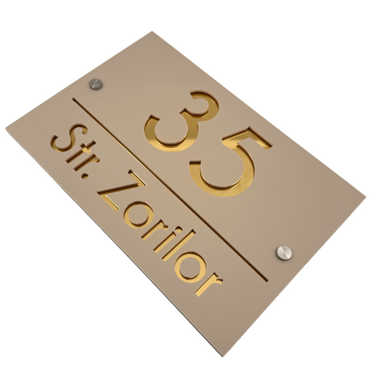 PREMIUM HOUSE NUMBER - Cream colour Satin Gold Mirror 2 Spacers Silver - 30×20 cm