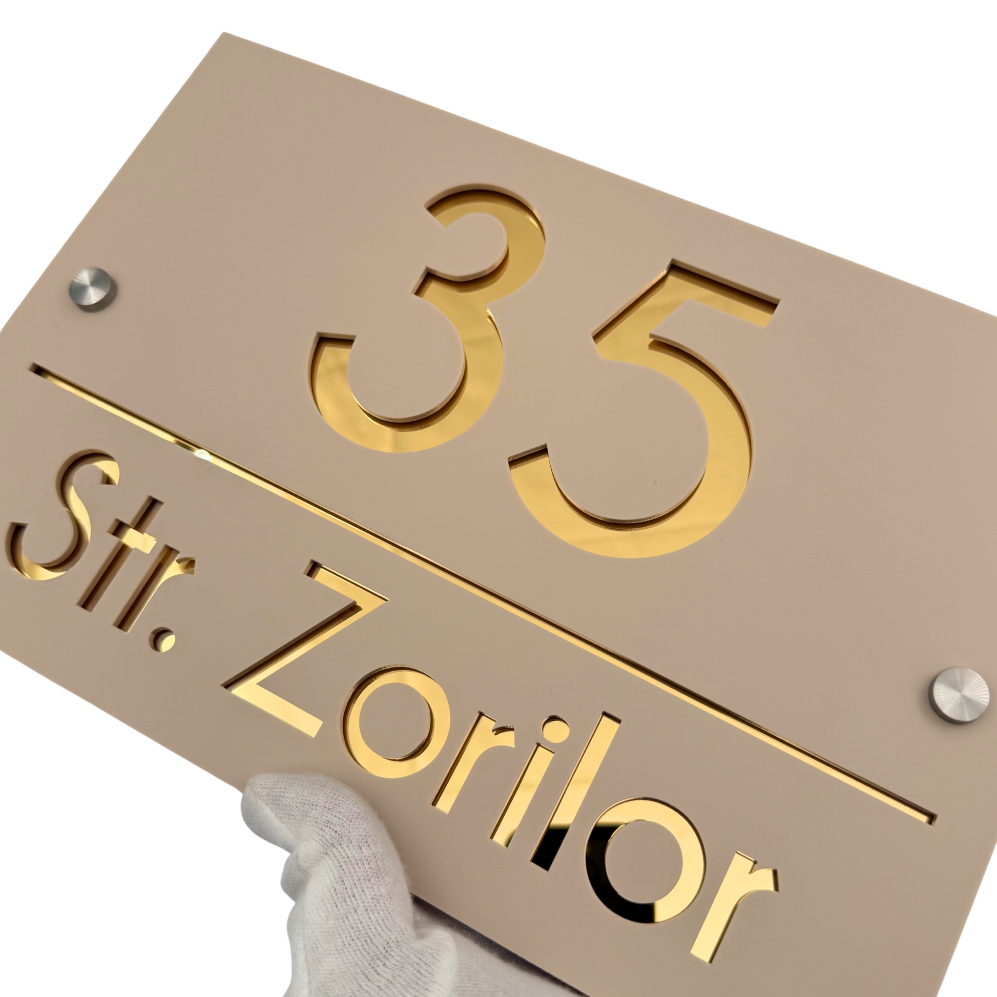 PREMIUM HOUSE NUMBER - Cream colour Satin Gold Mirror 2 Spacers Silver - 30×20 cm