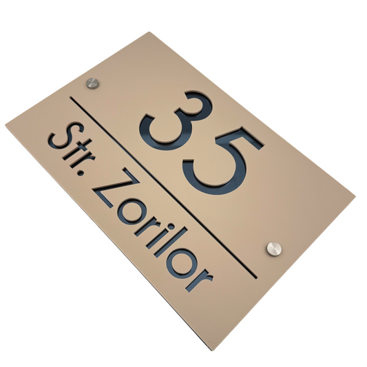 PREMIUM HOUSE NUMBER - Cream colour Satin Anthracite Grey Mirror 2 Spacers Silver - 30×20 cm