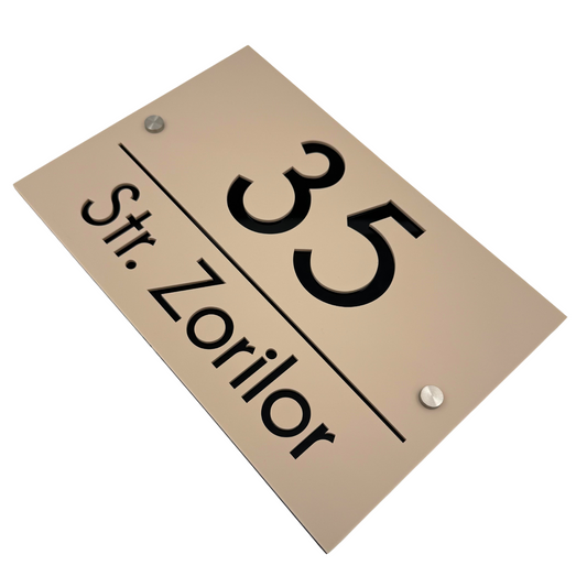 PREMIUM HOUSE NUMBER - Cream colour Satin Glossy Black 2 Spacers Silver - 30×20 cm