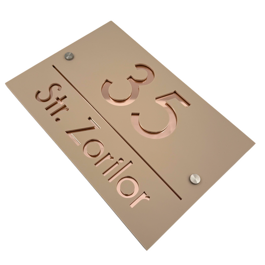 PREMIUM HOUSE NUMBER - Cream colour Satin Rose Gold Mirror 2 Spacers Silver - 30×20 cm