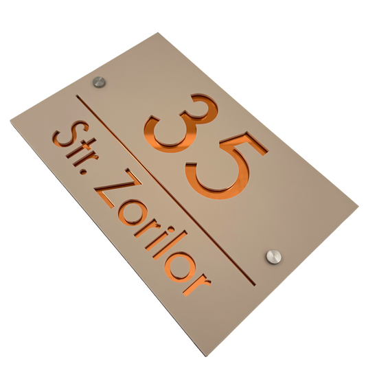 PREMIUM HOUSE NUMBER - Cream colour Satin Copper Mirror 2 Spacers Silver - 30×20 cm