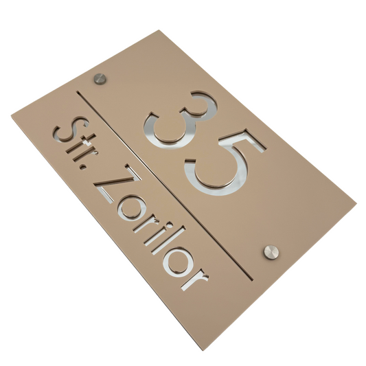 PREMIUM HOUSE NUMBER - Cream colour Satin Silver Mirror 2 Spacers Silver - 30×20 cm