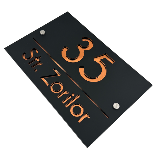 PREMIUM HOUSE NUMBER - Satin Black Copper Mirror 2 Spacers Silver - 30×20 cm