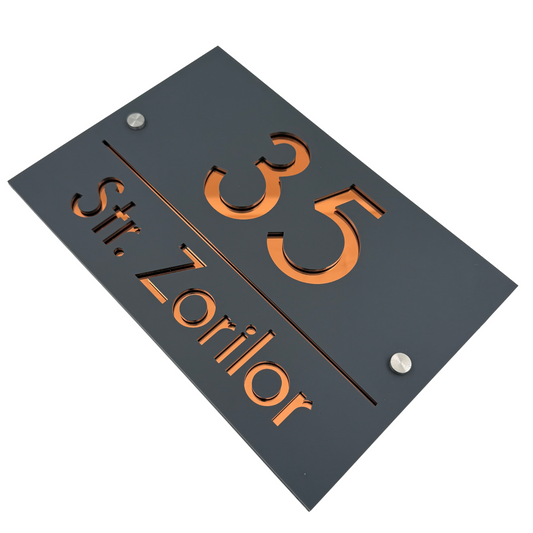 PREMIUM HOUSE NUMBER - Satin Grey Copper Mirror 2 Spacers Silver - 30×20 cm