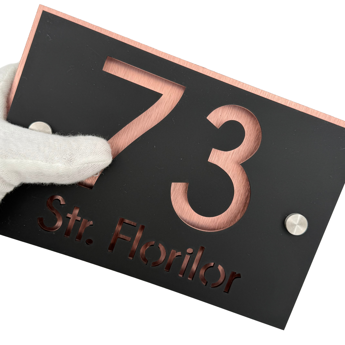 PREMIUM HOUSE NUMBER - Satin Black Aluminium Pearly Copper 2 Spacers Silver - 20×13 cm