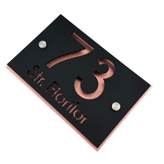 PREMIUM HOUSE NUMBER - Satin Black Aluminium Pearly Copper 2 Spacers Silver - 20×13 cm