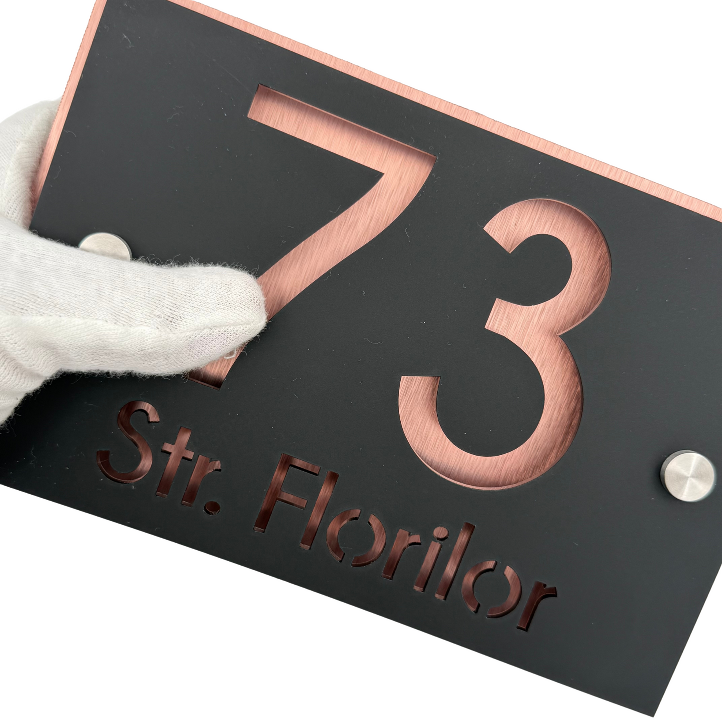 PREMIUM HOUSE NUMBER - Satin Black Aluminium Pearly Copper 2 Spacers Silver - 20×13 cm