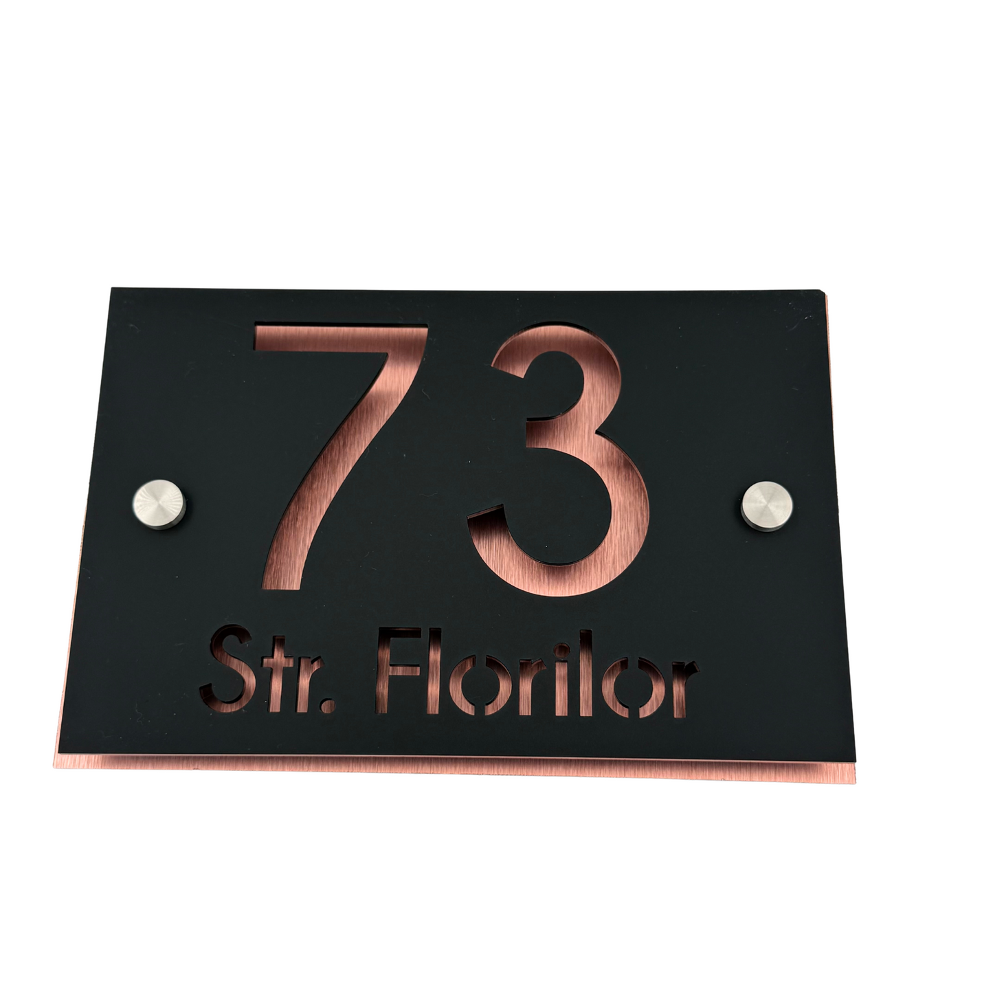 PREMIUM HOUSE NUMBER - Satin Black Aluminium Pearly Copper 2 Spacers Silver - 20×13 cm