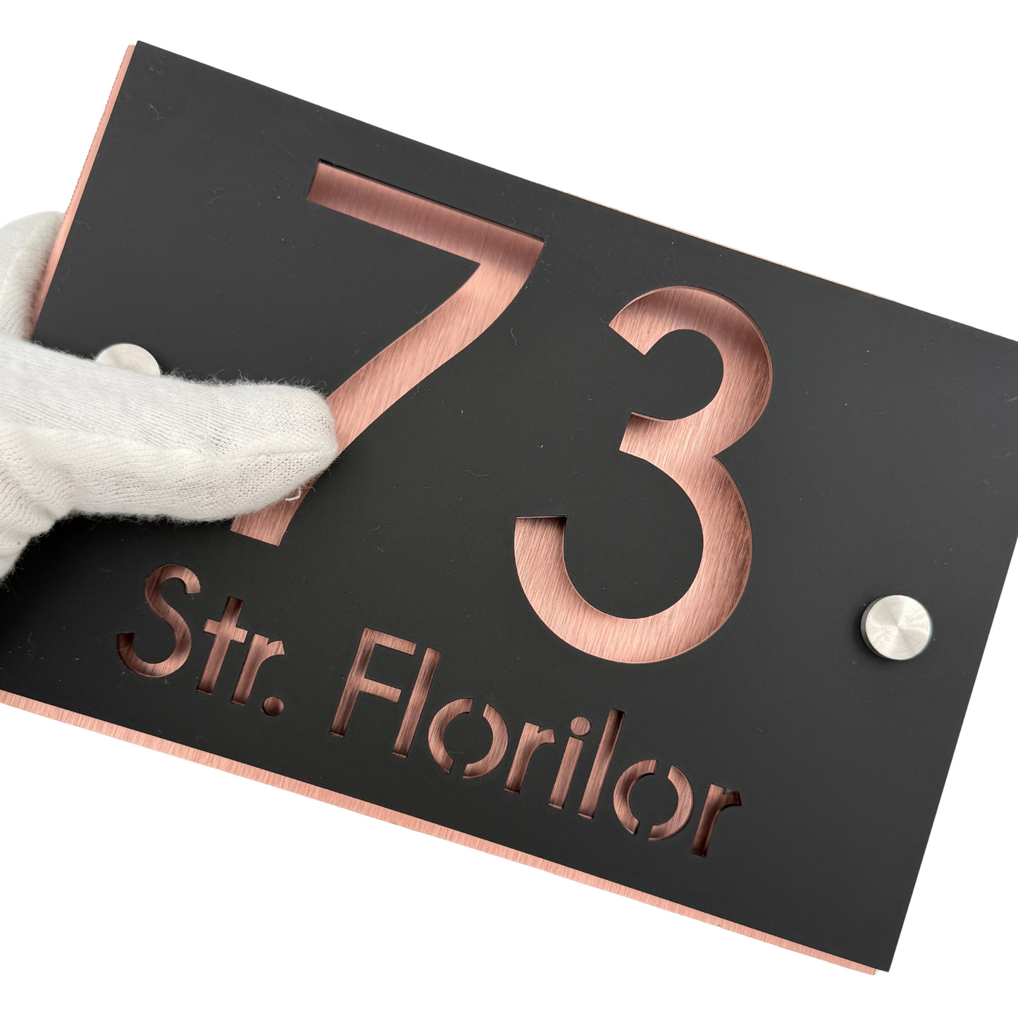 PREMIUM HOUSE NUMBER - Satin Black Aluminium Pearly Copper 2 Spacers Silver - 20×13 cm