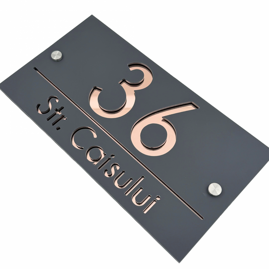 PREMIUM HOUSE NUMBER - Satin Grey Rose Gold Mirror 2 Spacers Silver - 28×15 cm