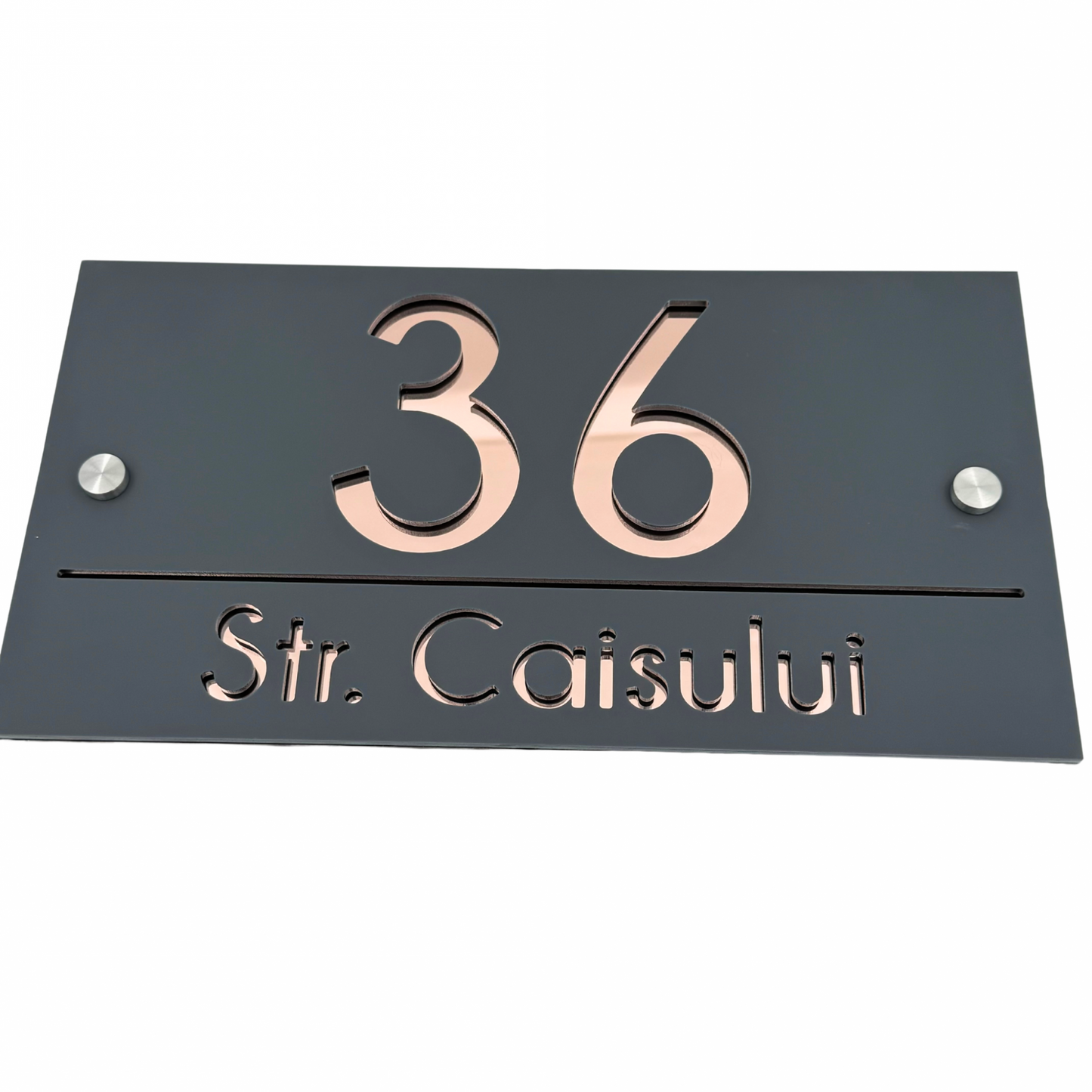 PREMIUM HOUSE NUMBER - Satin Grey Rose Gold Mirror 2 Spacers Silver - 28×15 cm