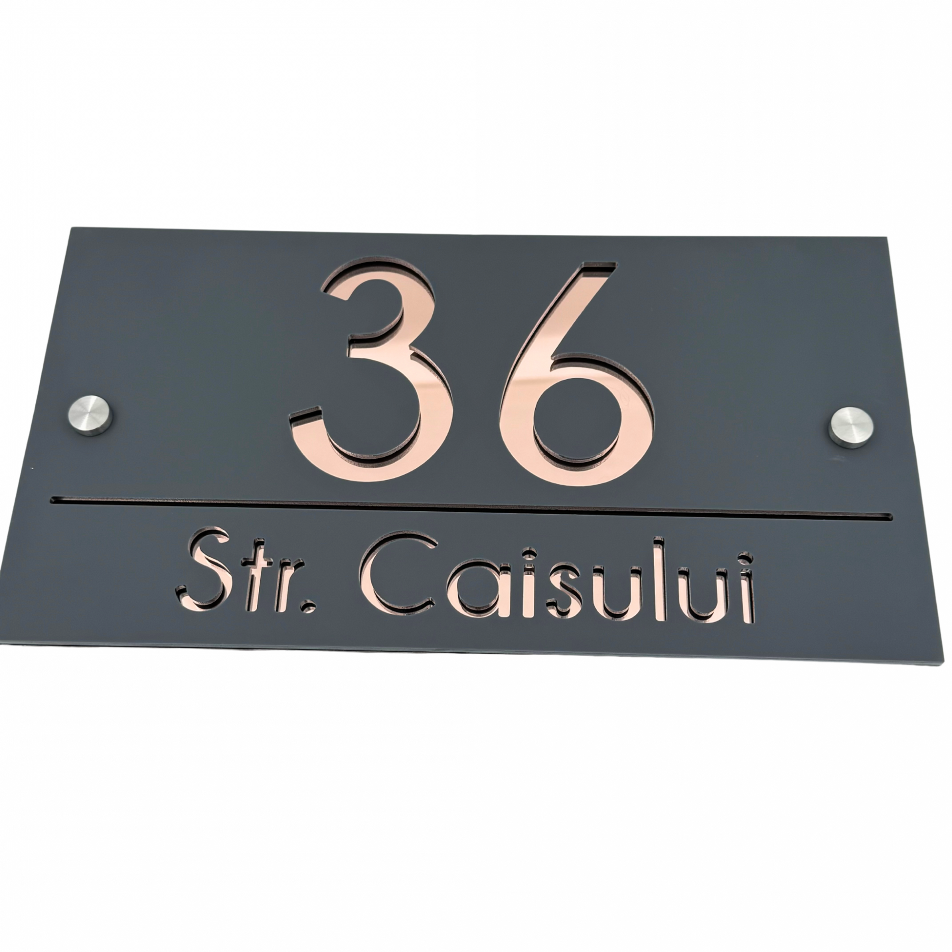 PREMIUM HOUSE NUMBER - Satin Grey Rose Gold Mirror 2 Spacers Silver - 28×15 cm