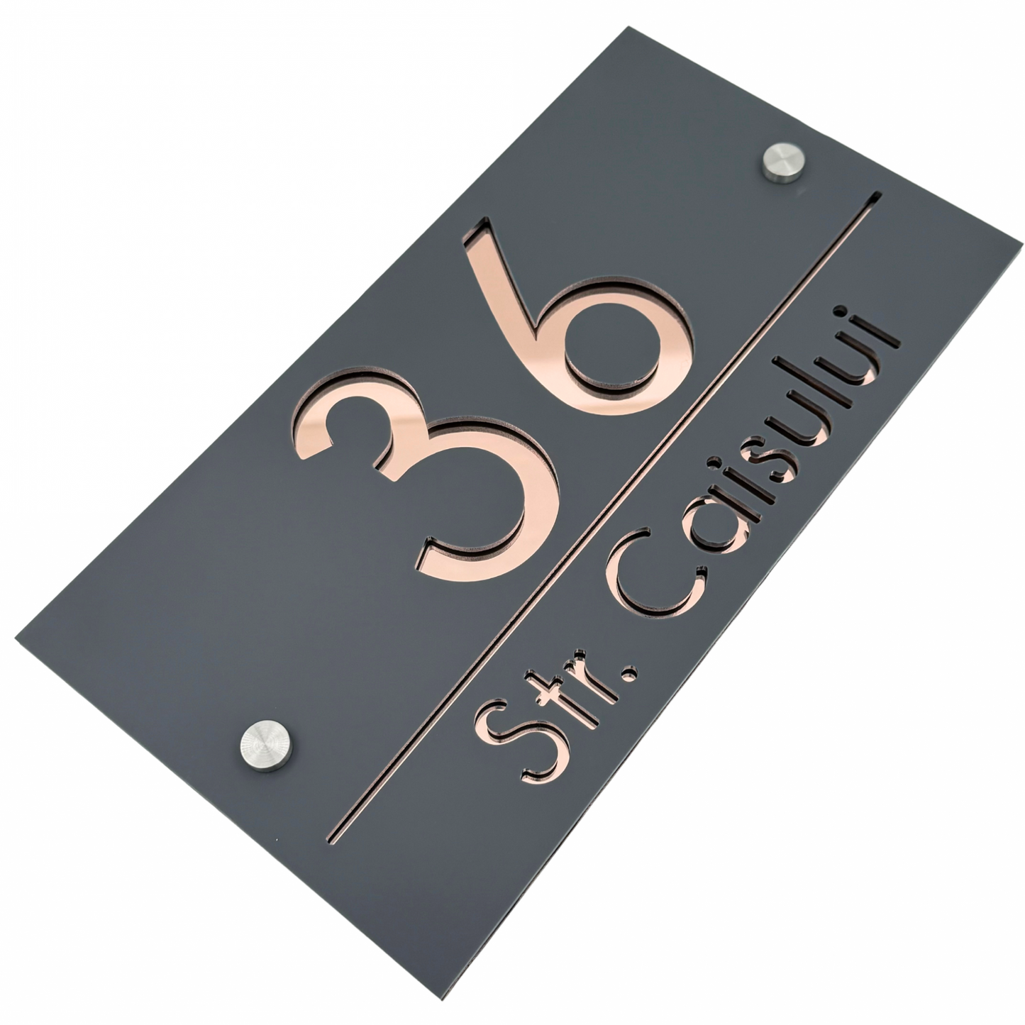 PREMIUM HOUSE NUMBER - Satin Grey Rose Gold Mirror 2 Spacers Silver - 28×15 cm